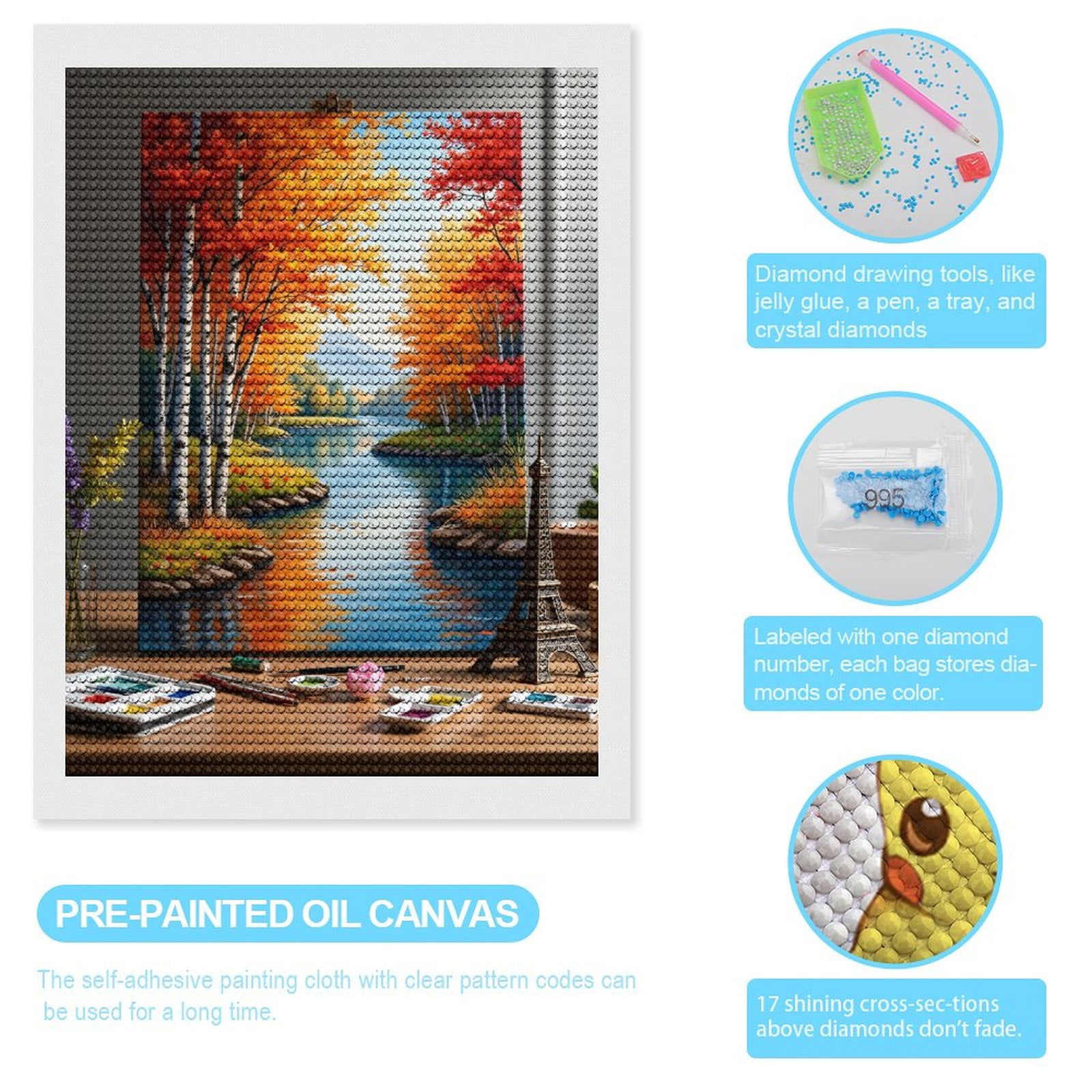 Diamond Art Kits for Adults, Autumn River Painting Birch Trees 5D Diamond Painting Kits for Adults Beginners, DIY Full Drill Diamond Painting, Gem Art and Crafts 12x16