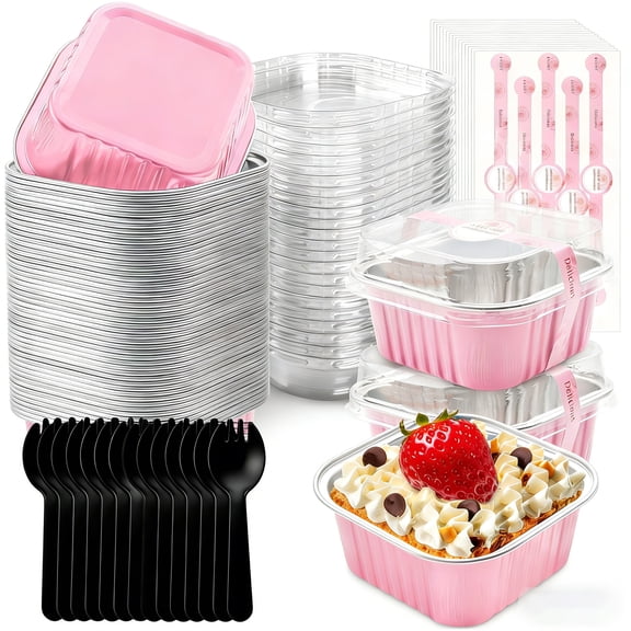 25Pcs Mini Aluminum Cake Molds Set with Lids, Spoons, and Stickers – Disposable Square Baking Cups for Desserts, Weddings, and Birthday Parties (Pink)