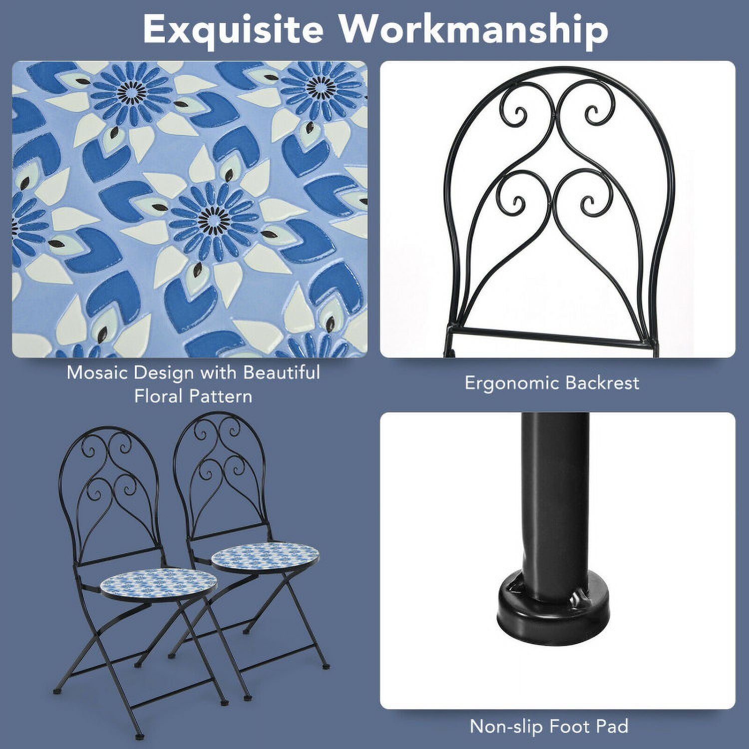 Aimee Lii 2 Pieces Patio Folding Mosaic Bistro Chairs with Blue Floral Pattern, Outdoor Patio Set