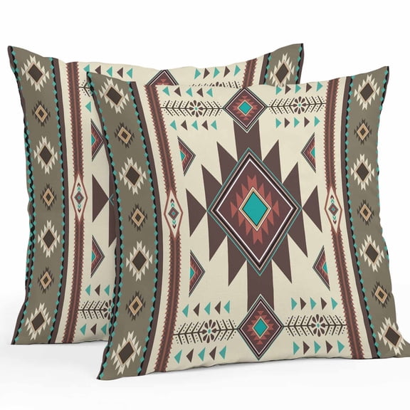 Throw Pillow Covers 18x18 Inch Set of 2, Brown Southwest Waterproof Outdoor Pillow Covers, Ethnic Boho Tribal Vintage Geometric Decorative Cushion Pillowcases for Couch, Sofa, Bed, Garden, Patio