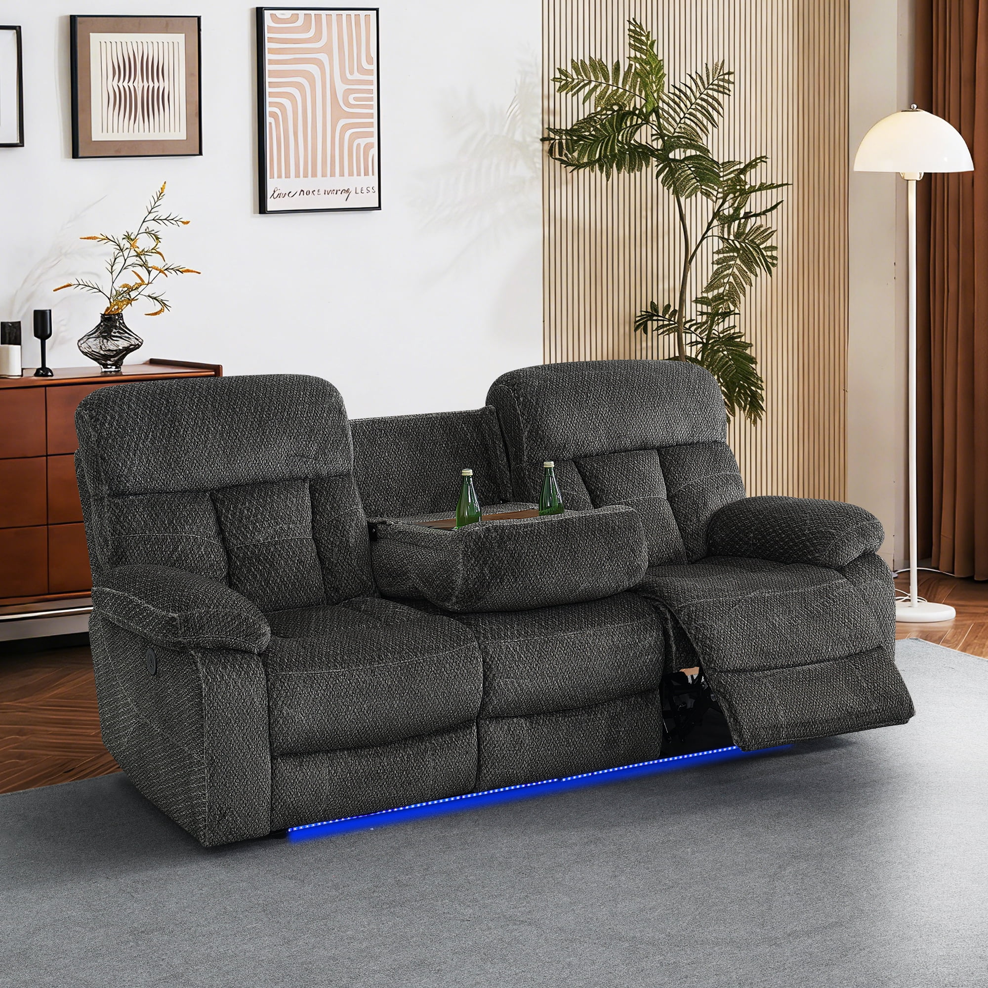 Gewnee 3‑Seater Power Recliner Sofa, Flocking Upholstery, USB Charging Port, Flip‑Up Tea Table, LED Ambient Light, Home Theater Seating for Living Room，Grey
