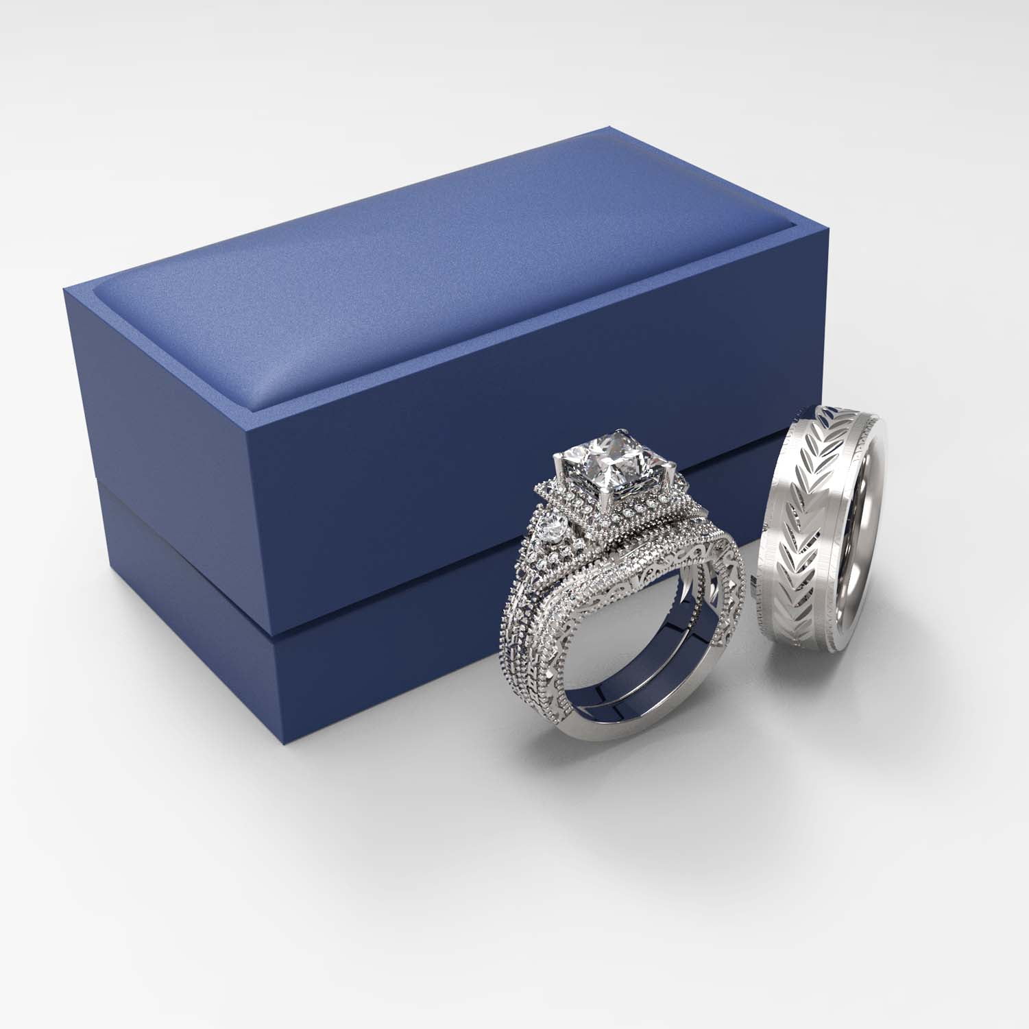 3pc Couples Wedding Ring Sets His And Hers Women Sterling Silve Round Moissanite and men Wedding Bands Together With The Ring Box