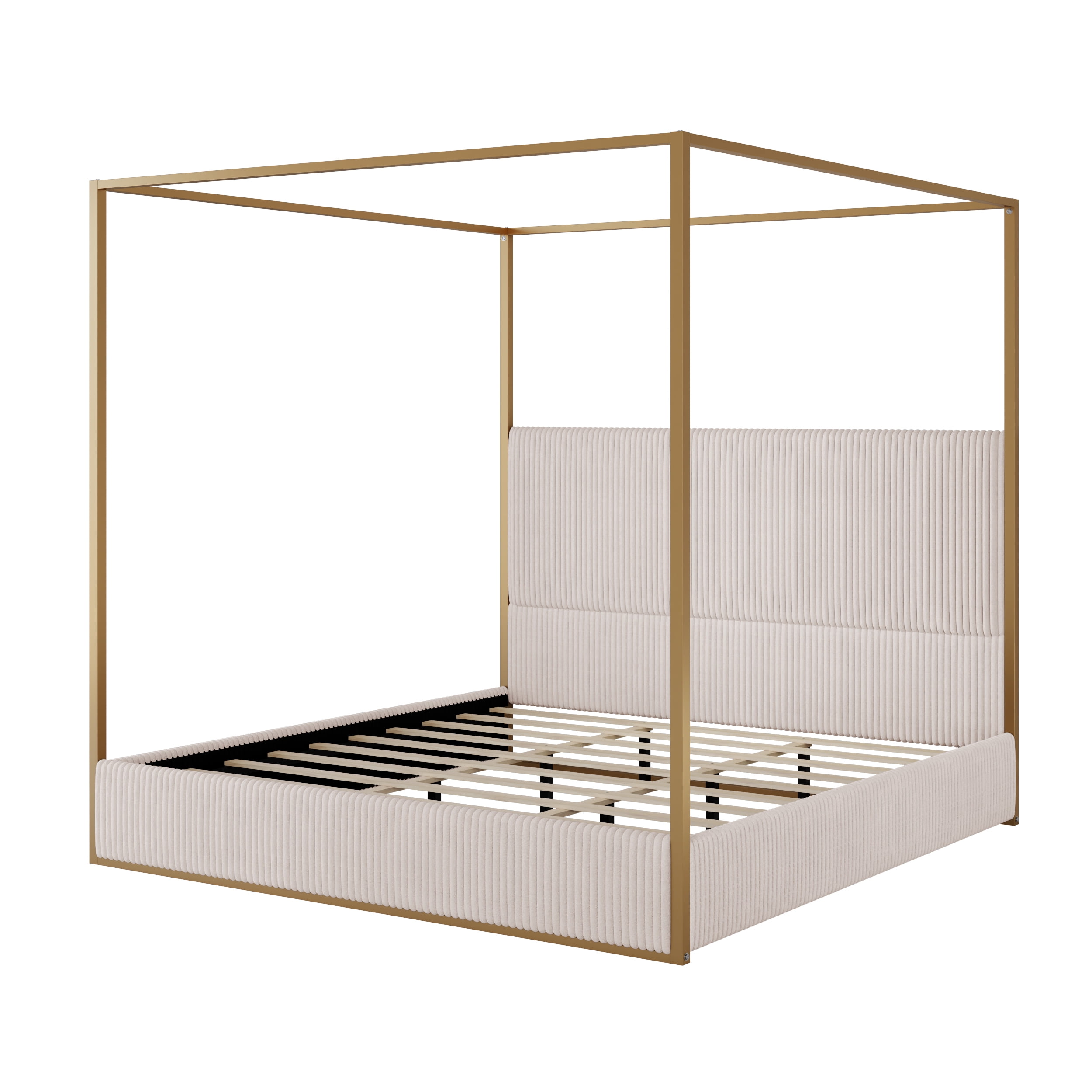 Euroco Metal King Size Canopy Bed, Modern Luxury Upholstery Headboard and Four Poster, Beige