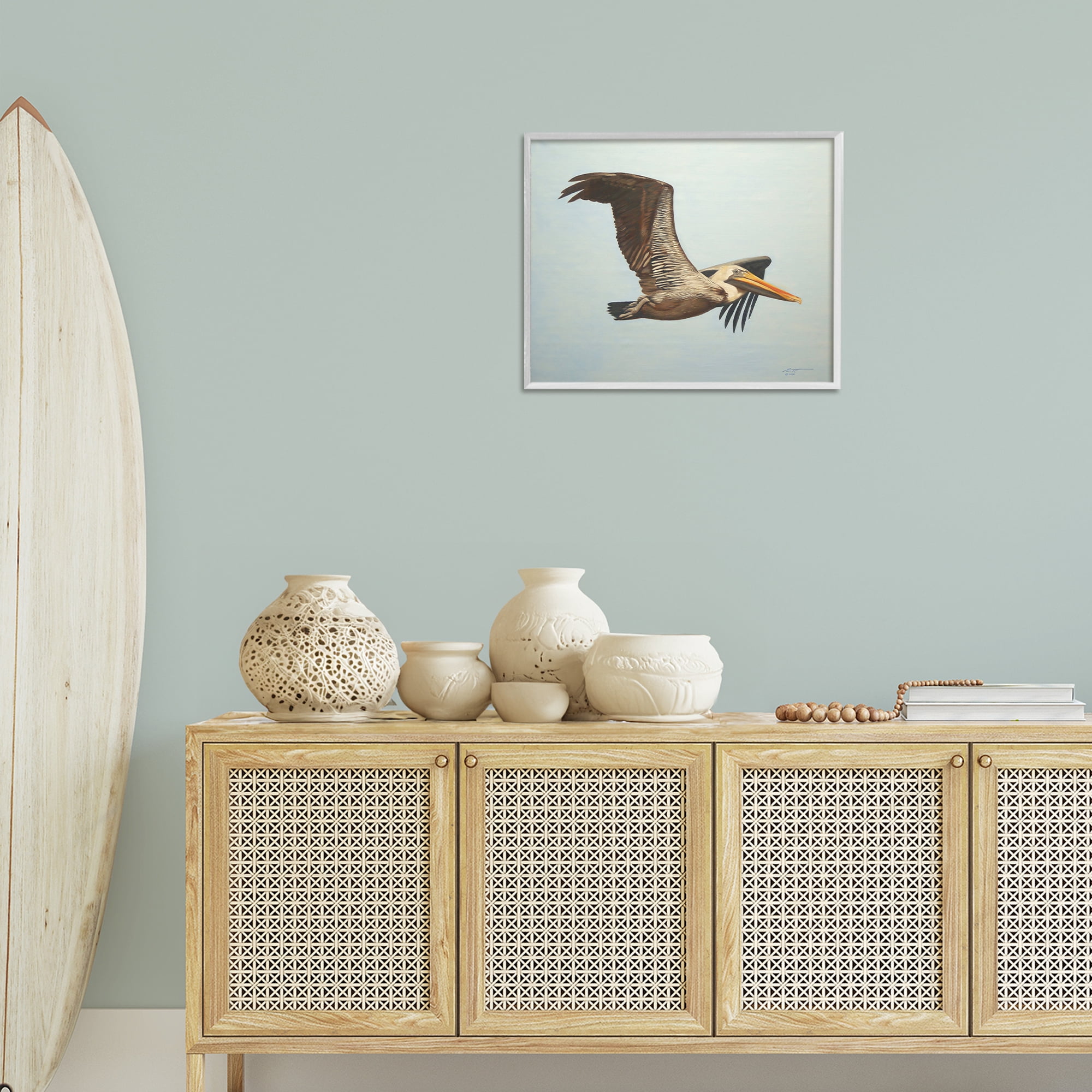 Stupell Industries Brown Pelican in Flight Animals & Insects Painting White Framed Art Print Wall Art, 20 x 16