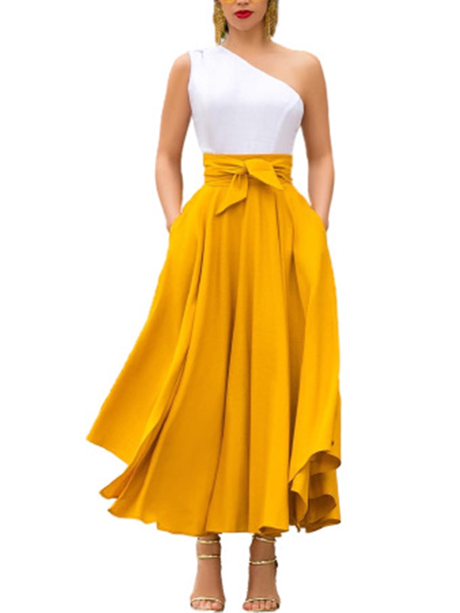 Sanviglor Women Maxi Skirt High Waist Long Skirts Solid Color Asymmetry