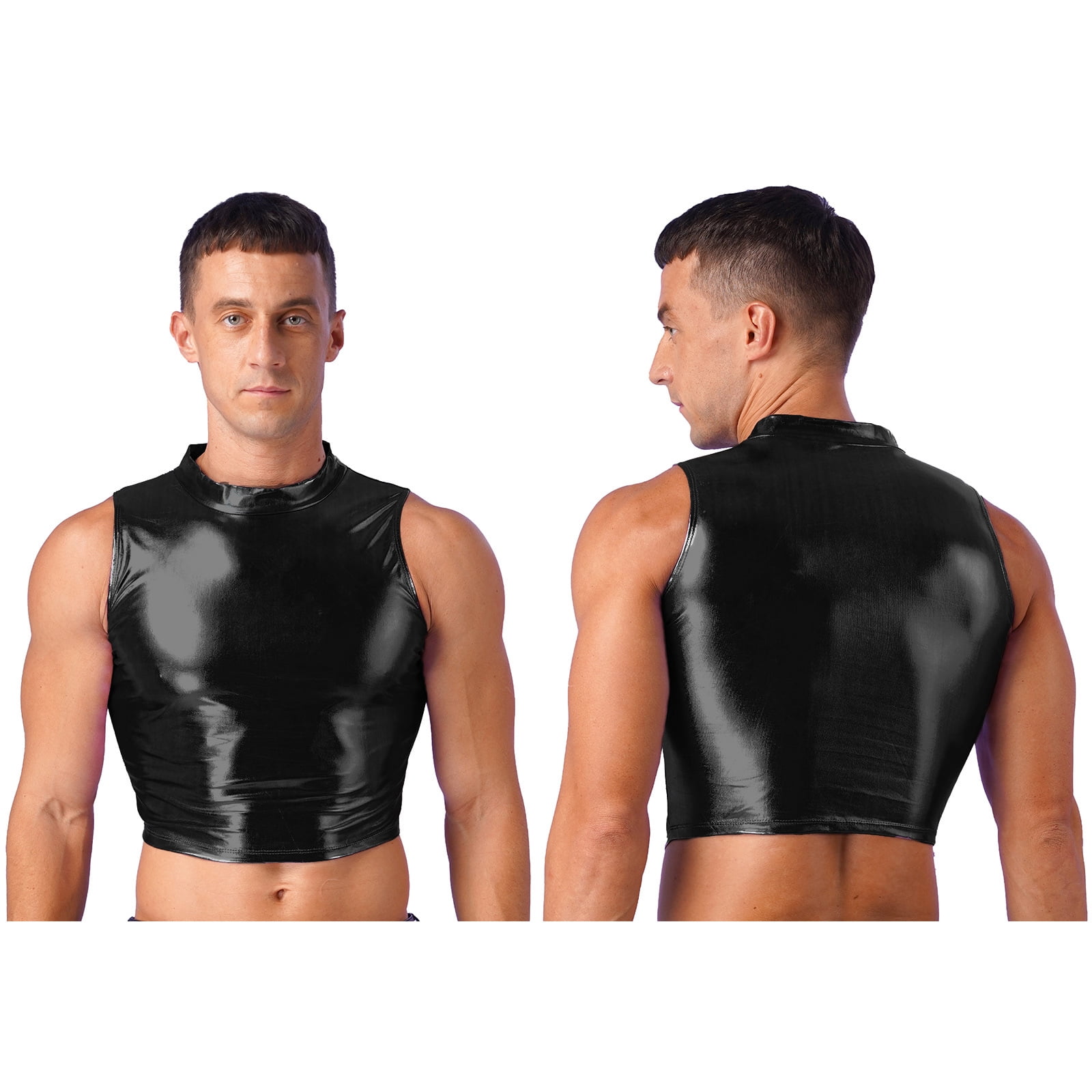YiZYiF Mens Metallic Mock Neck Crop Top Faux Leather Vest YiZYiF Mens Metallic Mock Neck Crop Top Faux Leather Vest