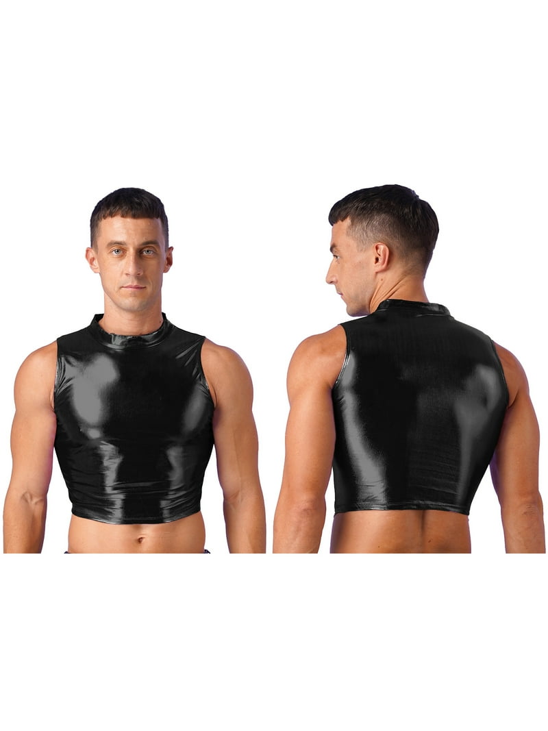 YiZYiF Mens Metallic Mock Neck Crop Top Faux Leather Vest Tops