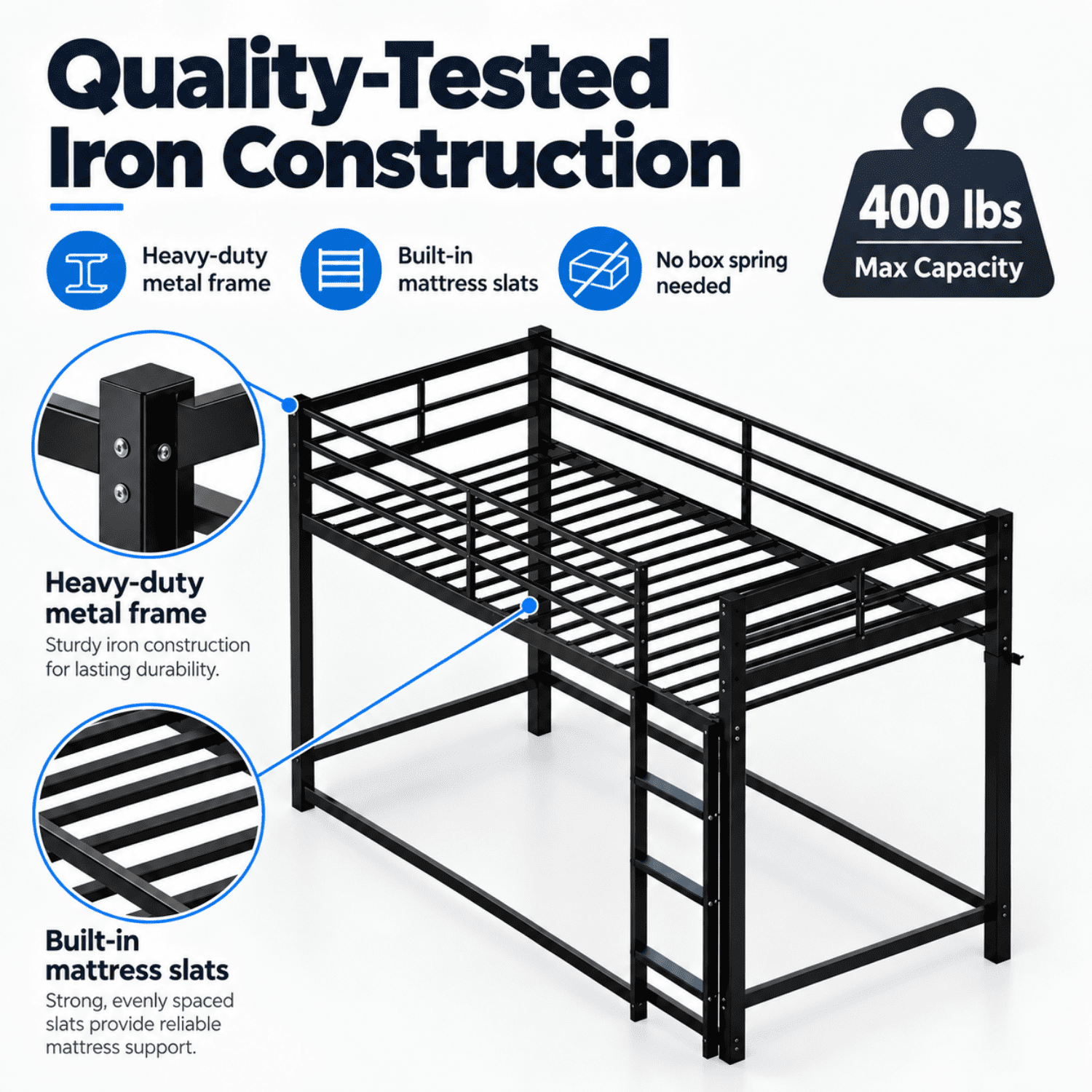 Miniyam Twin Over Twin Metal Bunk Bed with Full-Length Guardrails and Built-In Ladder, Black