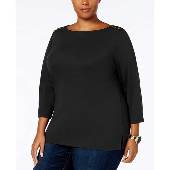 Karen Scott Women's Plus Ribbed-Trim Top (Black, 0X)