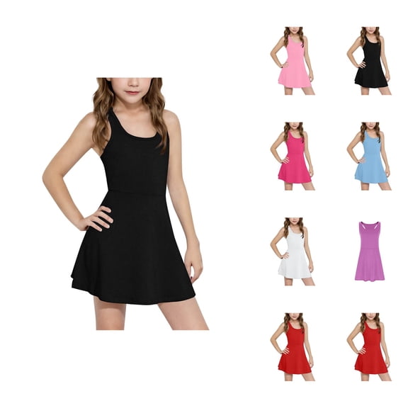Girls Summer Casual Sleeveless Dress Solid Color Slim Fit Tennis Dress For Kids Comfortable Stretchy Waistband Outdoor Play Dress