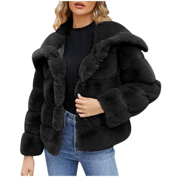 Fjofpr Winter Coats for Women Sale Faux Fur Coats for Women Plus Womens Ladies Warm Faux Furry Jacket Winter Solid Turn-Down Collar Outerwear