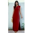 thumbnail image 6 of Women Summer Round Neck Casual Loose Split Wrinkle-Free Long Maxi Vacation Dress with Pockets Wine Red L, 6 of 9