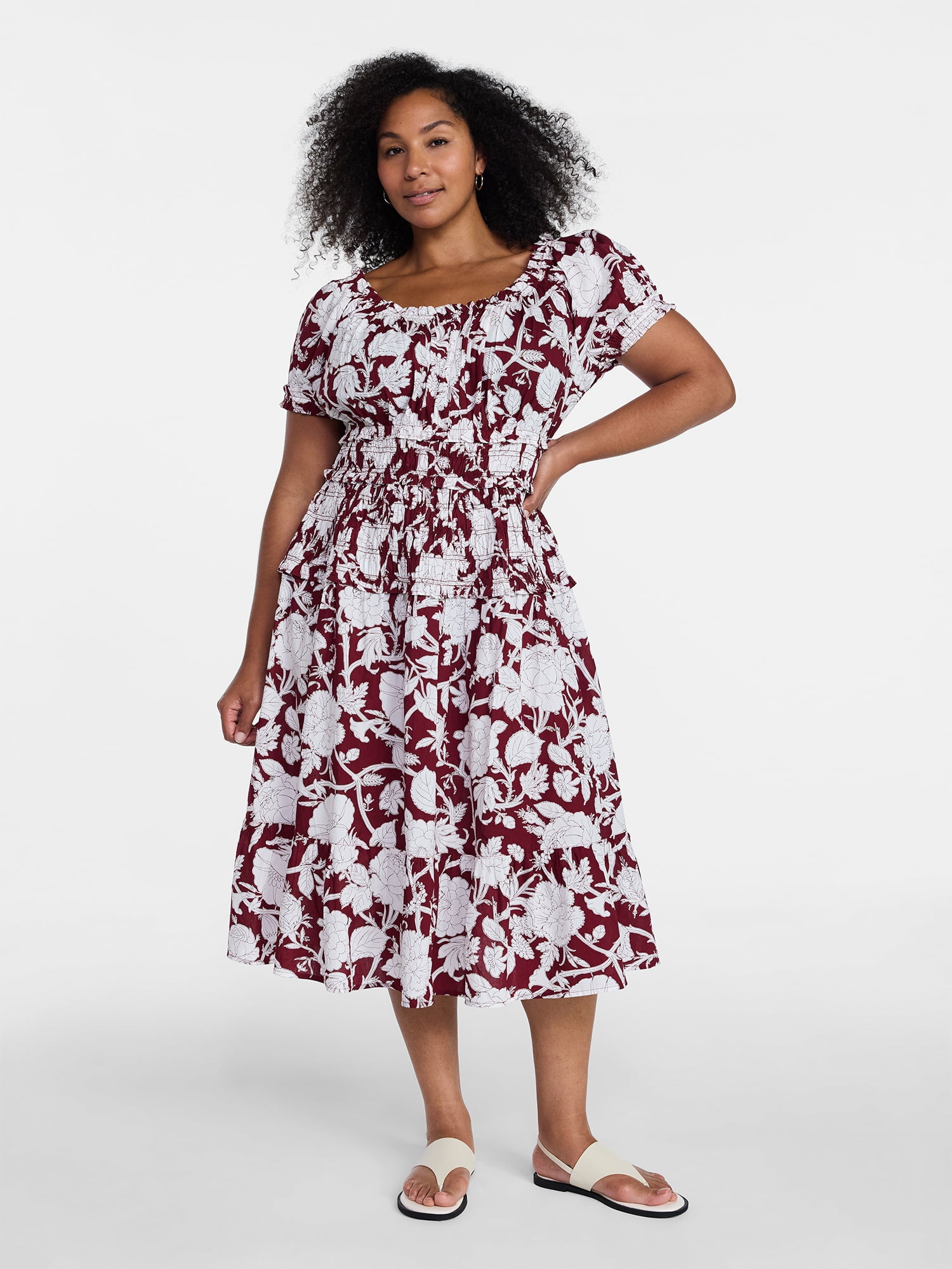 Time and Tru Women's Smocked Cotton Peasant Dress with Short Sleeves, Sizes XS-XXXL