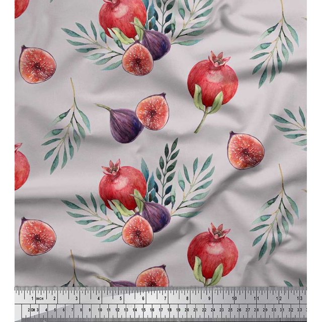 Soimoi Viscose Chiffon Fabric Leaves,Fig & Pomegranate Fruits Print Sewing Fabric Yard 42 Inch Wide
