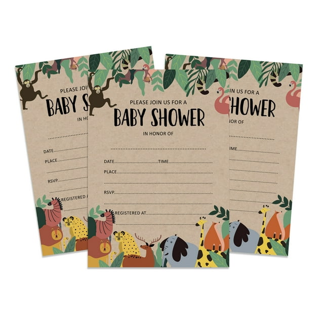 Inkdotpot 30 Kraft Fill In StyleBaby Shower Invitation Cards Jungle Animals Gender Neutral Blank Invites