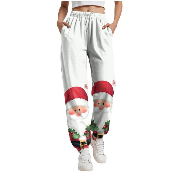 TTUHYWXI Christmas Sweatpants for Women 2025 High Waist Joggers Drawstring Elastic Fashion Pajamas Pants (White, 3XL)