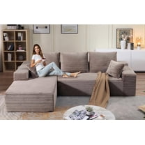 ODUWA Corduroy Left Facing Corduroy Deep Seat and No Assembly Required Sectional Sofas with Throw Pillow, Beige