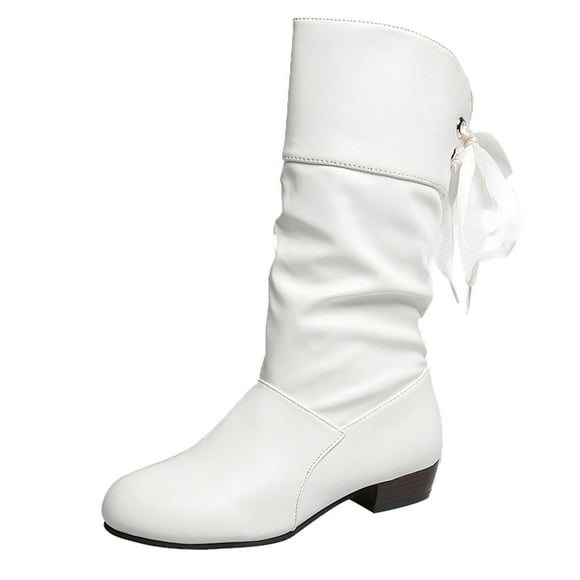 Fashion Women's Mid-Calf Boots Solid Color Pleated Leather Bow Tie Back Thick Heel Medium Stylish Footwear