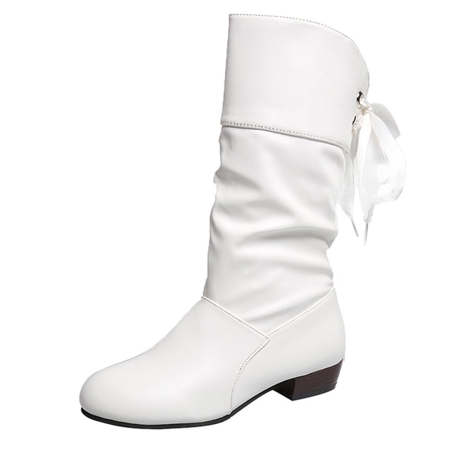 Kcodviy Bottes Mi-Hautes en Cuir pour Femmes, Couleur Unie Plissée, Nœud au Dos, Talon Épais Moyen pour Femmes, Mi-Hautes pour Femmes, Mi-Hautes pour Femmes