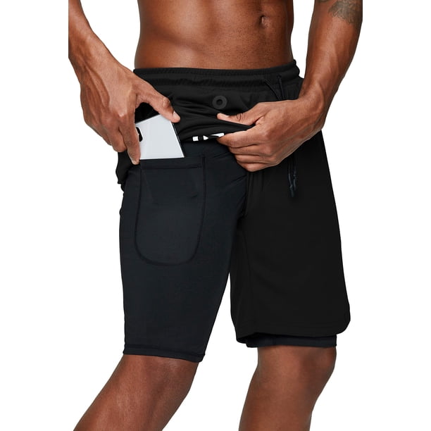 Pinkbomb Pantalones cortos para correr 2 en 1 para hombre, pantalones cortos para gimnasio, entrenamiento, secado rápido, con bolsillo para teléfono (negro pequeño)