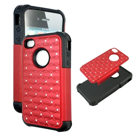 Turquoise Iphone 4s Case Hybrid Red Crystal Diamond for Iphone 4 4S Ultra Shock Proof Slim Case Drop Protective TPU+PC Bling Case Shock Absorb Enhanced Bumper Dual Layer Designer Rhineston Shield ()