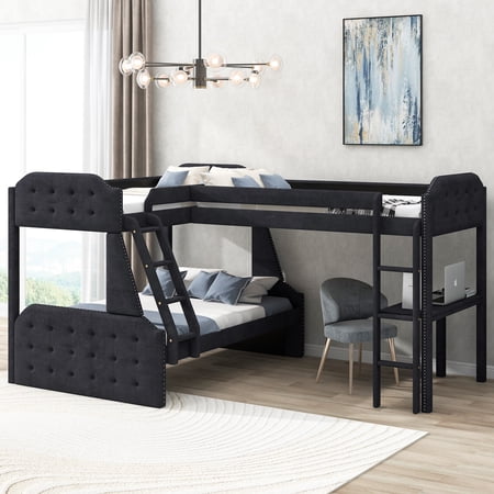 EUROCO Upholstery L-Shaped Twin over Full Bunk Bed and Twin Loft Bed with Desk for Kids Bedroom  Black