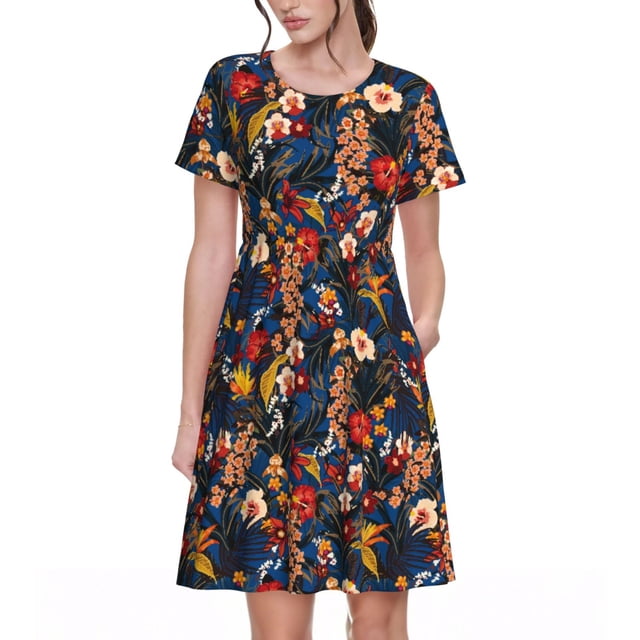 Easygdp Vintage Floral para Vestido Transpirable de Mujer, Vestido Suelto de Manga Corta con Pliegues y Bolsillos para el Verano