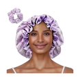 thumbnail image 1 of wonima11 Floral Satin Bonnet with Scrunchie Set,Double Layer Ruffle Reusable Sleeping Shower Cap for Curly Hair Purple-rabbit, 1 of 1