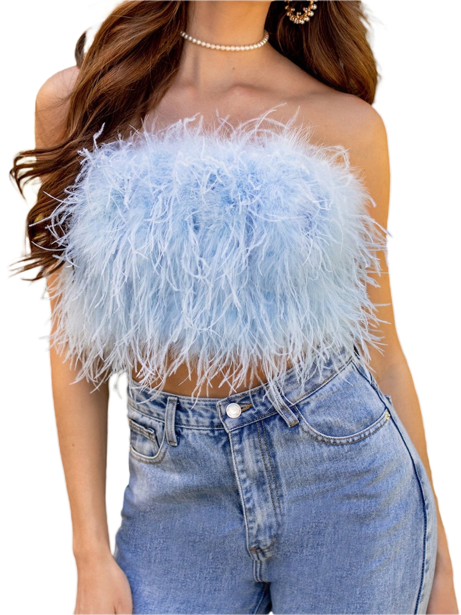 Youweixiong Women Sexy Feather Crop Top Furry Faux Fur Strapless Tube Top  Backless Tank Tops Rave Cami Corset Vest Party Clubwear