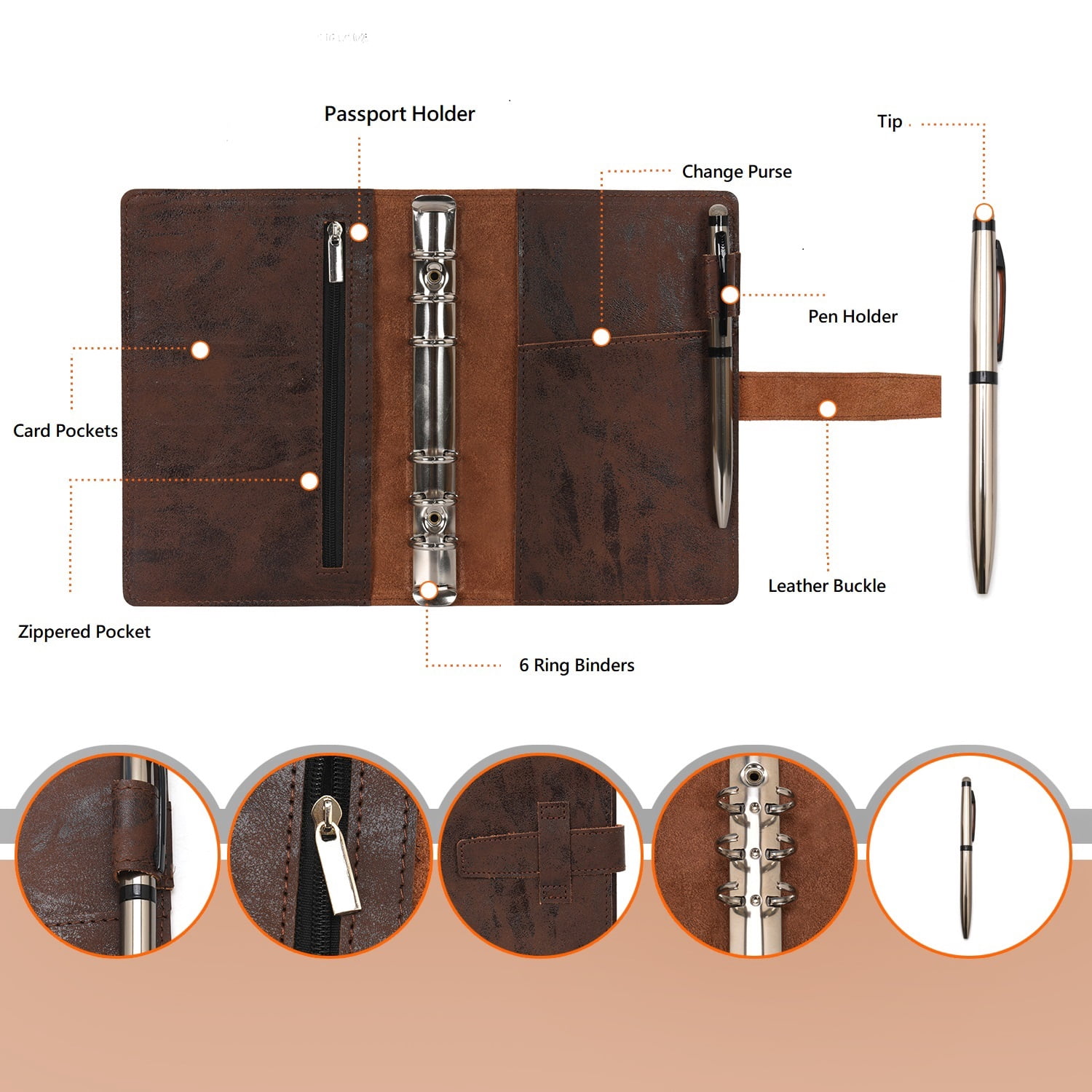 Wonderpool Leather Journal Refillable Binder A6 Writing Notebook Folder Organiser with Dotted Paper & Multi Pockets Cover for Business School Travel (A6, Coffee)
