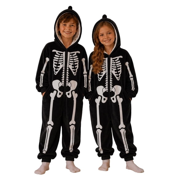 Weebloom Halloween Kids Hooded Onesie Pajamas Flannel Funny Skeleton Print Romper For Cozy Piece Jumpsuit Funny Role Play Pjs Loungewear For Boys Girls Black 4-5 Years