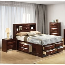 JERFIT Queen Size Bedroom Set with Bookcase Headboard, 2 Nightstands & Storage Drawers, Cherry Finish, Contemporary 3-Piece Bed Set