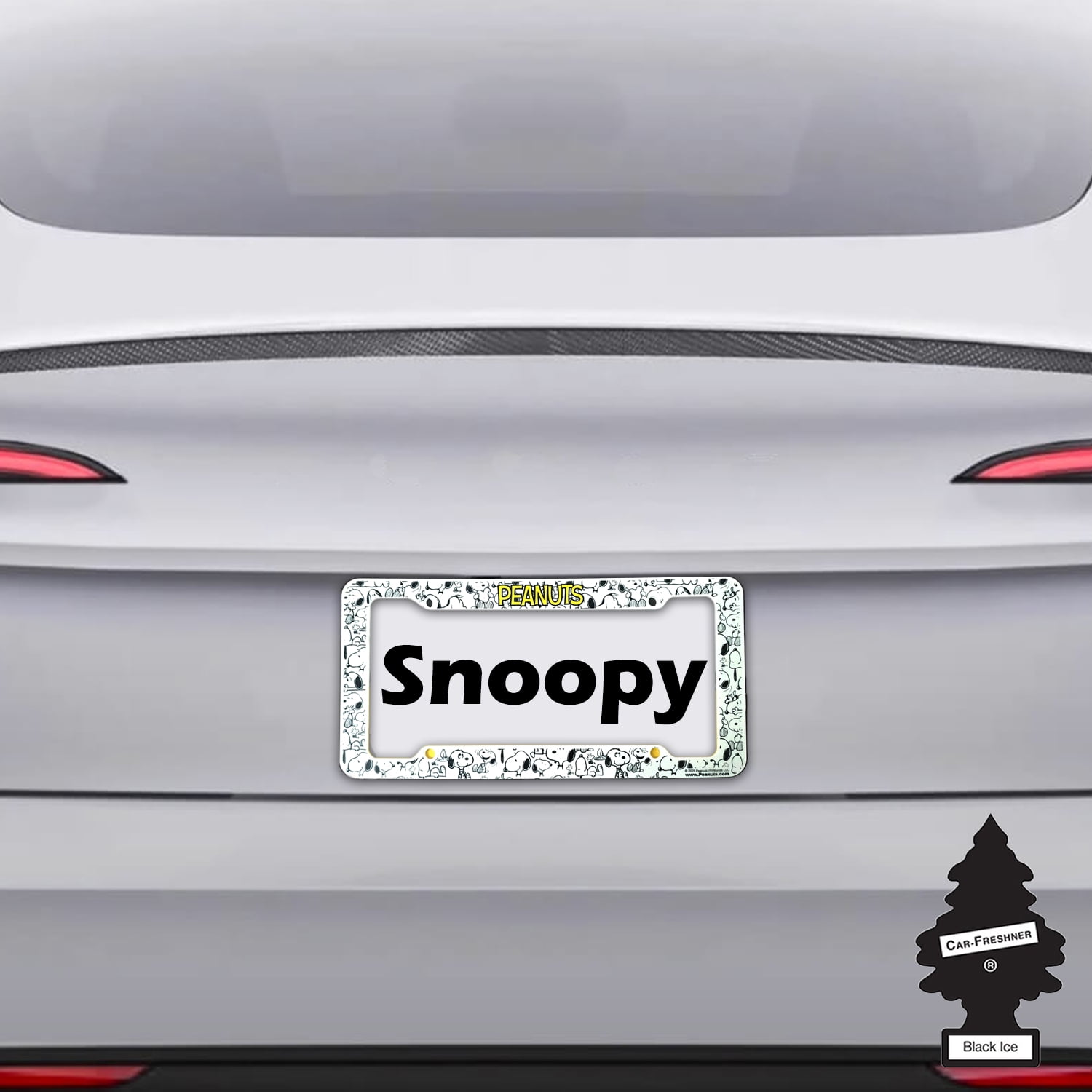 Snoopy Expression License Plate Frame 2 Pack Bundle with Little Tree Air Freshener – Plasticolor Peanuts Snoopy Design, Universal Fit Standard Car Plate Frames, Plastic