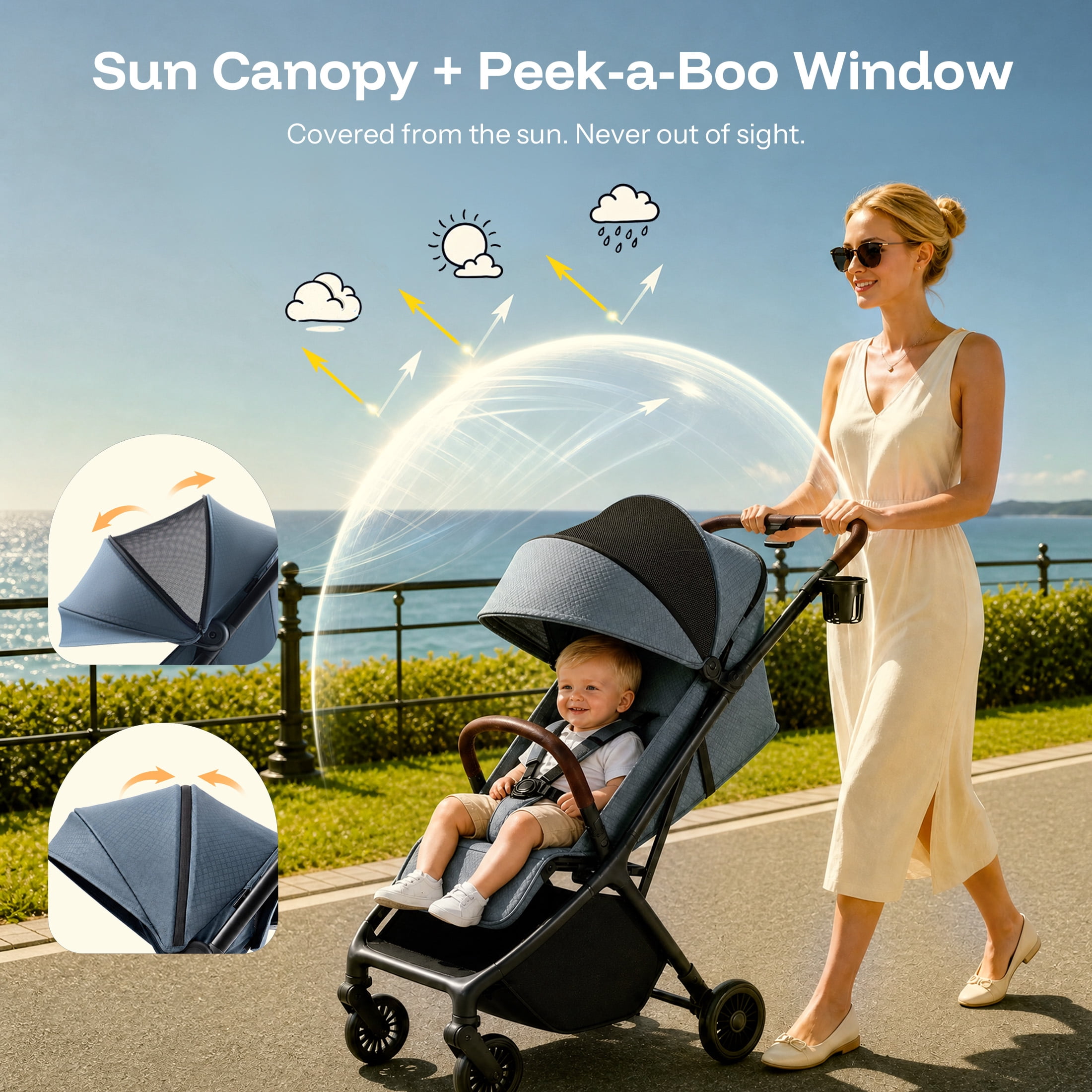 HARPPA Lightweight Baby Stroller for Toddlers, One-Hand Fold & Self-Standing, 15.4 lbs, Soft Blue