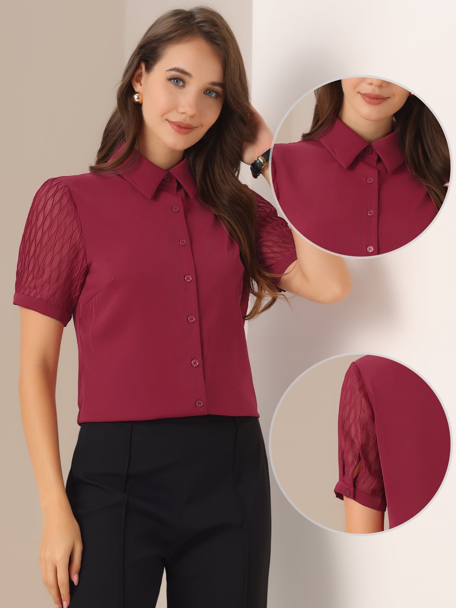 DARING DIVA Women's Button Down Sheer Short Sleeve Point Collar Work Shirt  L Wine Red