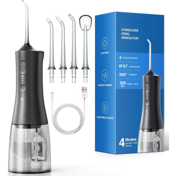 Water Flossers for Teeth, Cordless Portable Water Flossers for Adults Braces, IPX7 Waterproof with 4 Modes, 4 Professional Nozzles, 300ml Tank & 21 Days Runtime for Travel, Black, 1Pack