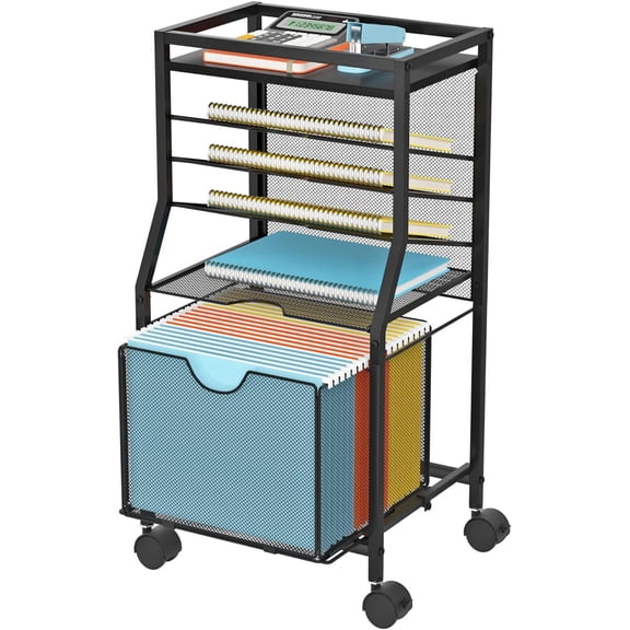 Rolling File Cart, 6-Tier Desk File Organizer on Lockable Wheels, Black Wood Planks & Mesh Sliding Hanging Folder Drawer, Organization Cart for Office Home School , Black