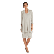 R&M Richards Women's Juniors Metallic Sleeveless Dress with Matching Draped Cardigan