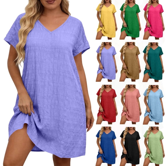Dresses for Women 2026 Fashion Women's Plus Size Casual Solid Short Sleeved V-Neck Dress Purple XXL