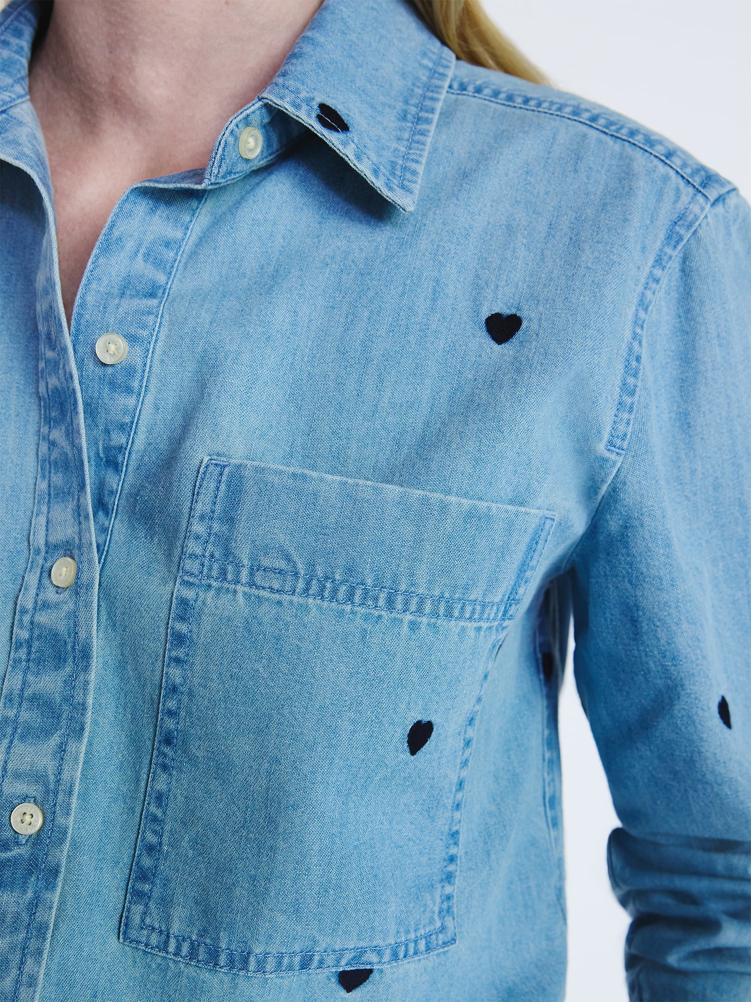 Free Assembly Women's and Women’s Plus Embroidered Hearts Denim Shirt with Long Sleeves, Sizes XS-4X