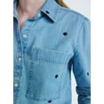 thumbnail image 4 of Free Assembly Women's and Women’s Plus Embroidered Hearts Denim Shirt with Long Sleeves, Sizes XS-4X, 4 of 5