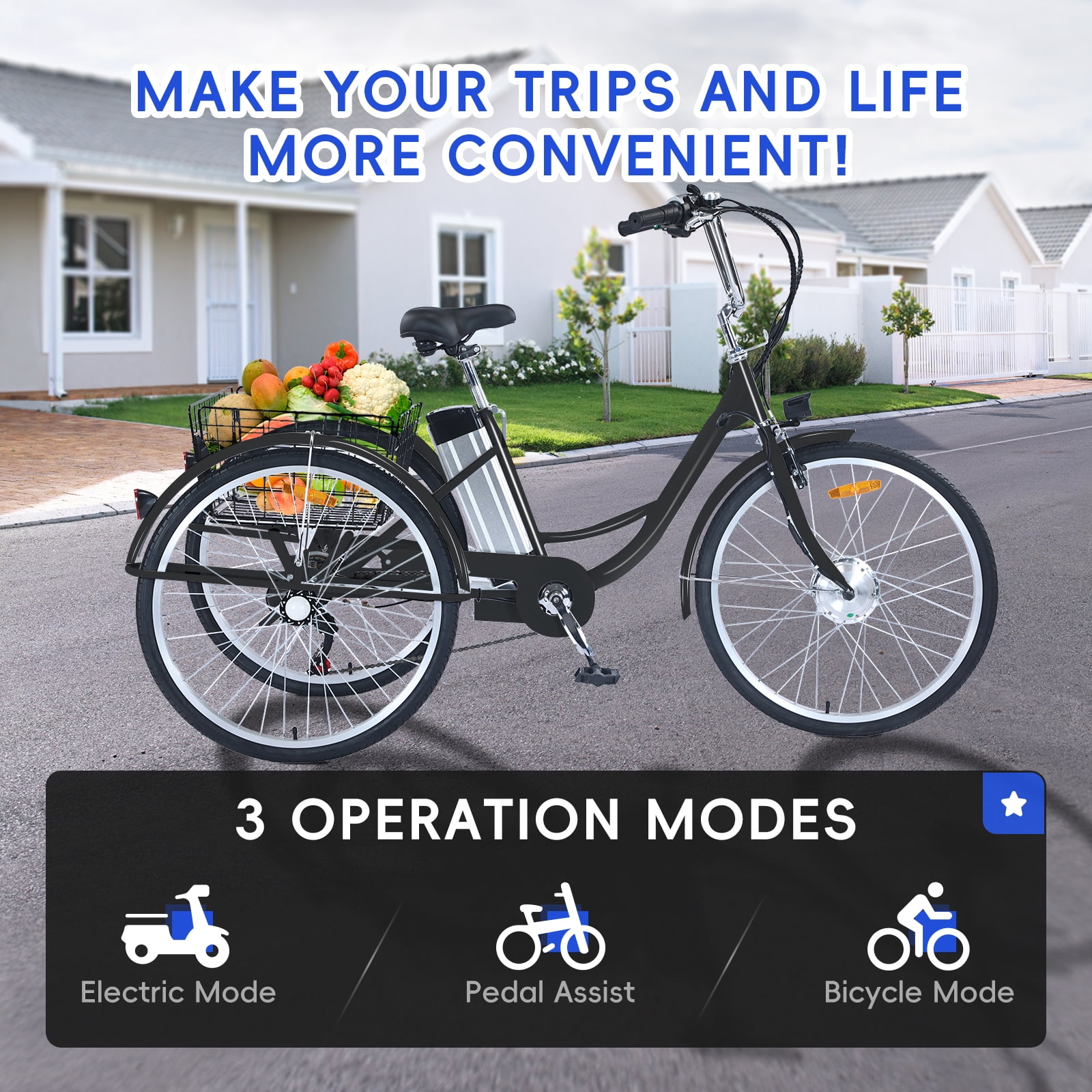 Patikuin 250W 24" Adult Electric Tricycle Fat Tire Motorized Bicycle, 7 Speed Tricycle for Adults, 36V 10Ah Battery Black