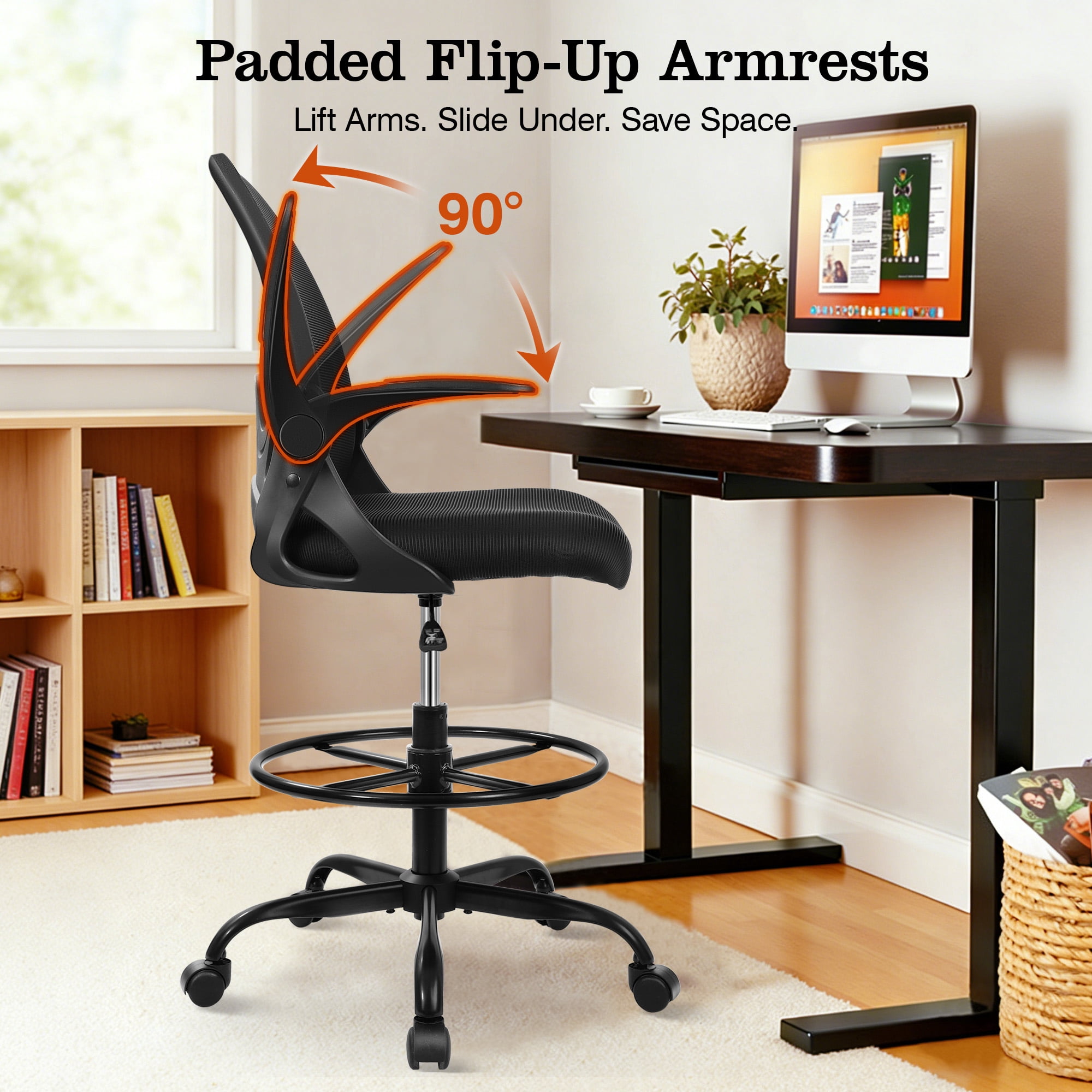 COOLHUT Tall Office Chair 400lbs with Footrest Ring, Standing Desk Chair with Flip-up Armrests, Adjustable Swivel Rolling Mesh Standing Desk Stool with Lumbar Support for Adults, Black
