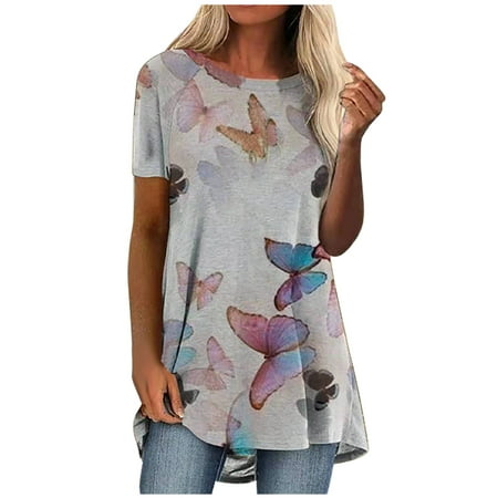 

Bustier Tops for Women Women S Butterfly Printed Tees Shirts Short Sleeve Tops Crew Neck Hide Belly Loose T-Shirts