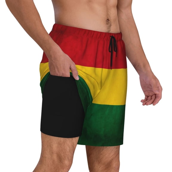 Mens Swim Trunks Reggae Rasta Flag Quick Dry Board Shorts with Compression Liner