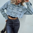 thumbnail image 6 of TTUHYWXI Women's Long Sleeves Denim Jean Jacket Regular Fit Single Crop Hem Denim Jacket (Blue, L), 6 of 9