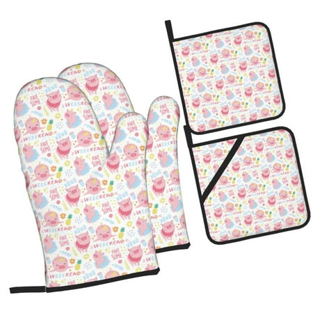 

Honeii Cute Pig Pattern Oven Mitts and Pot Holders Silicone Oven Gloves 500 F Heat Resistant Oven Mitts Sets 4PCS