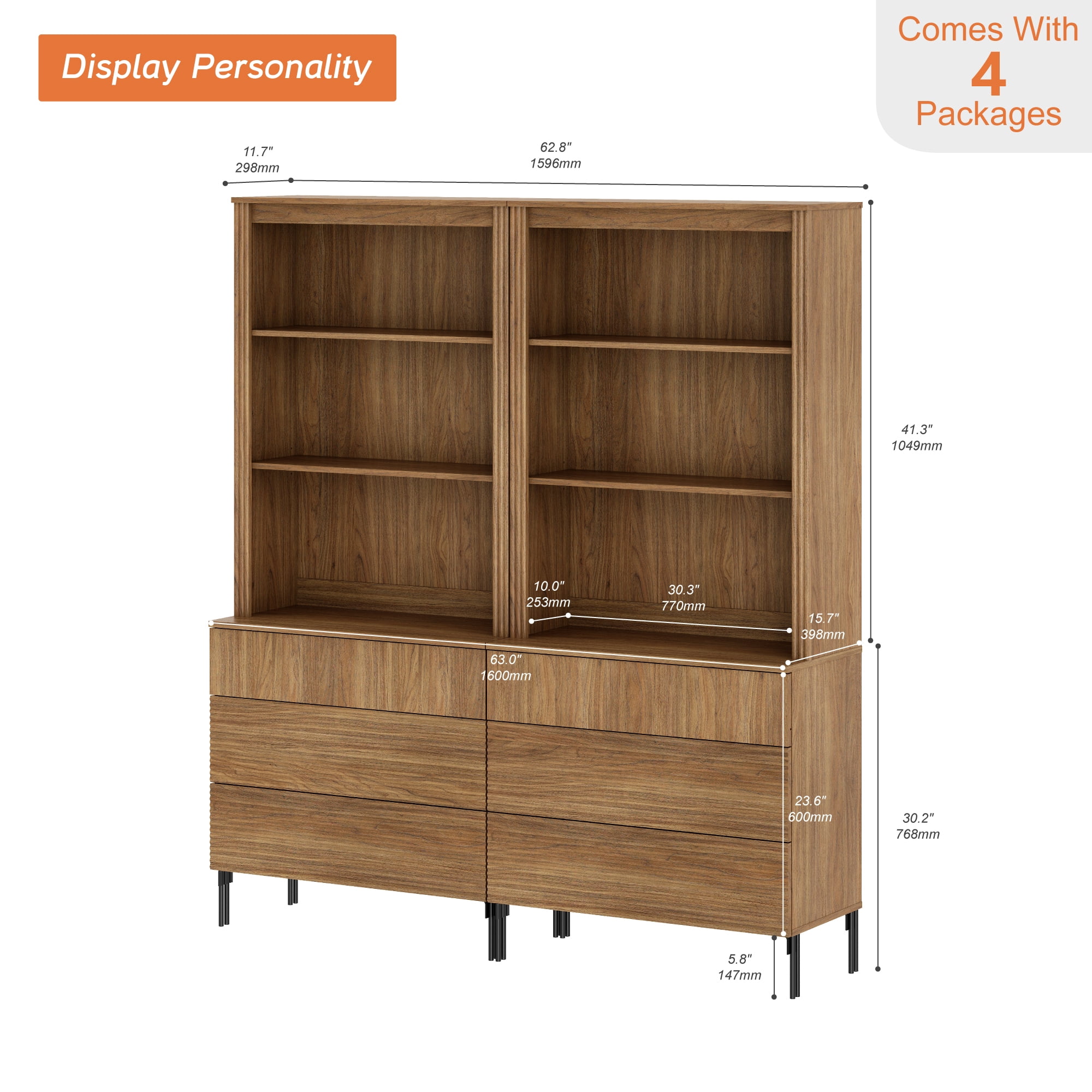71.6" Tall Fluted Kitchen Pantry Cabinet Set of 2, Wood Bookcase Display Cabinet with Drawers and Adjustable Shelves, Modern Versatile Cupboard For Dining Room, Bedroom