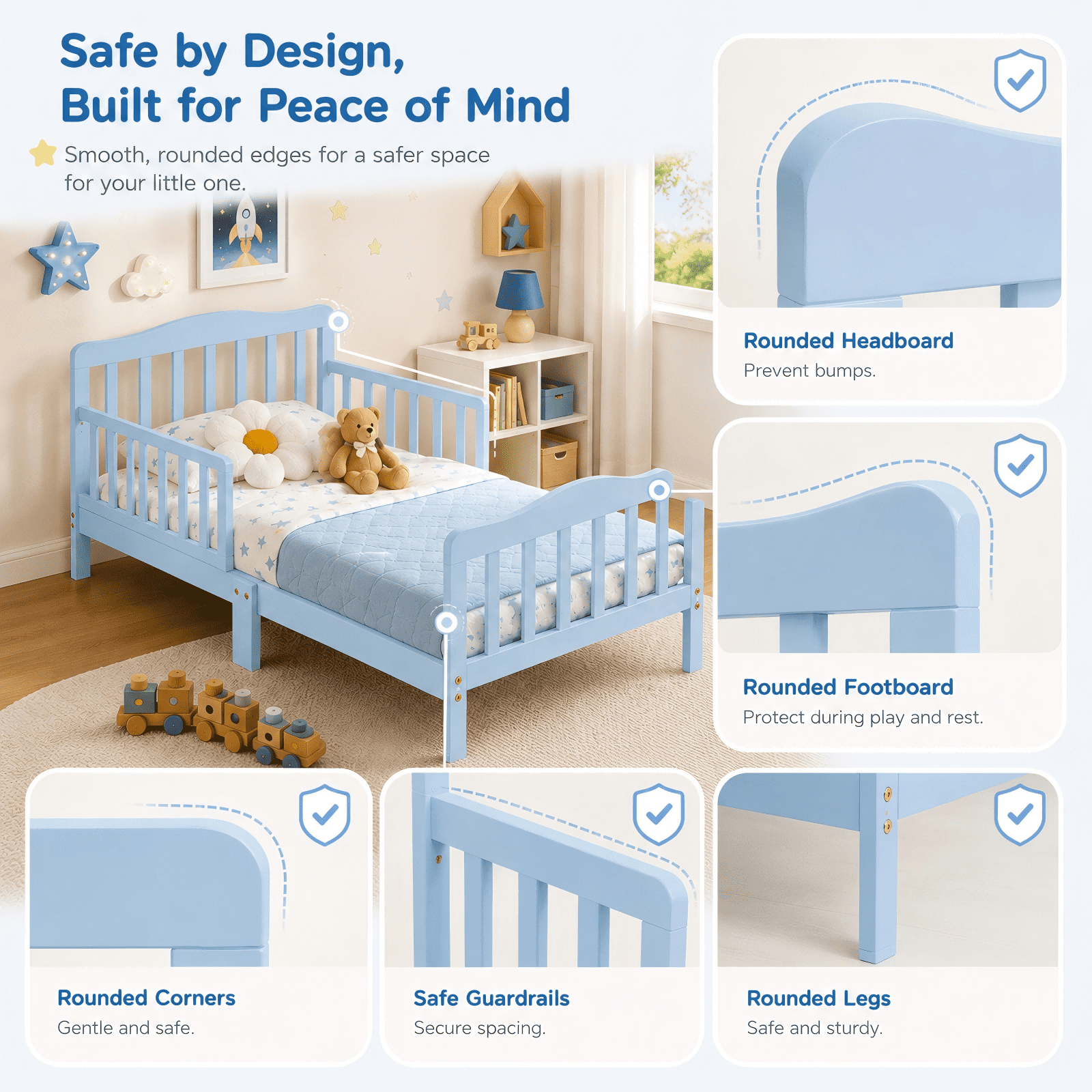 Zimtown Bed Frame, Wood Platform Bed, Classic Sleeping Bedroom Furniture w/Safety Rail Fence (Light Blue)