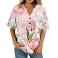 thumbnail image 4 of Summer Tops for Women 2-button V Neck Floral Printed Dressy Casual Tees Short Sleeve Loose Tunic Blouses Tshirts (L, Pink Flower), 4 of 6